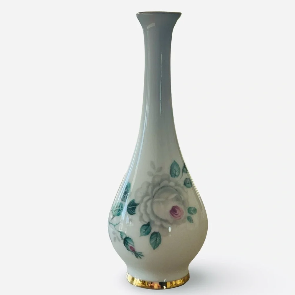 Limoges France Porcelain White Floral Gold Trim Mini Vase Vanity Decor
